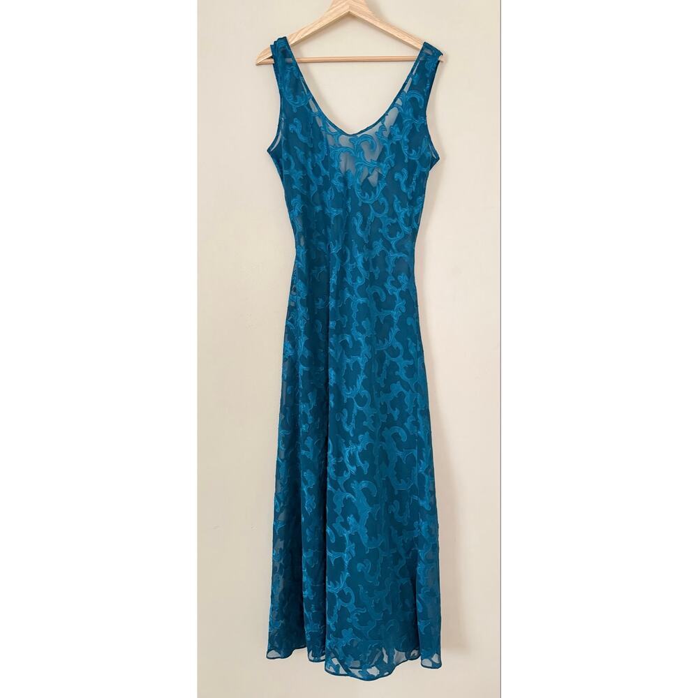 Vintage Victoria's Secret Teal Burnout Long Nightgown Gold‎ Crown Label M Mesh